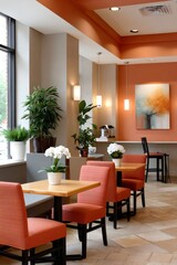 Fototapeta premium Modern cafe interior with orange walls and dining tables