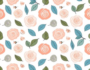 Pastel floral pattern with roses and leaves on white backdrop