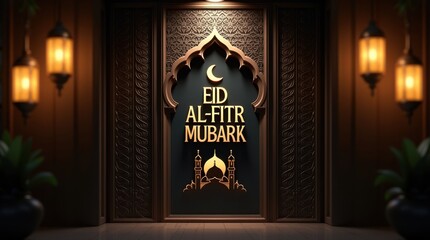 Elegant eid al fitr mubarak greeting with crescent moon and mosque illustration