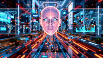 Neural interface artificial intelligence data network holographic display futuristic AI interface digital control room cybernetic head glowing eyes - Powered by Adobe