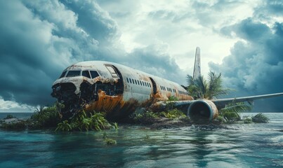 Dramatic depiction of a plane crash on an island, symbolizing emergency response and aviation accidents. A critical moment of survival and rescue during a crisis, conveying urgency, Generative AI