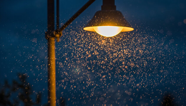 Streetlight illuminates falling particles against a dark sky.