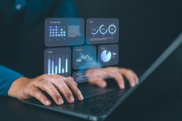 Business finance data analytics graph. Financial management technology. Advisor using KPI Dashboard on virtual screen.