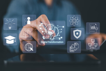 Digital transformation and AI technology strategy concept, Businessman use laptops and Artificial Intelligence to enhance business capabilities, Automation industry, Cloud computing data, Education