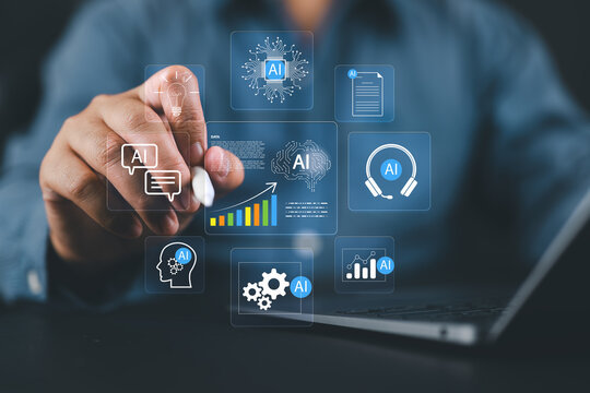 Businessman using AI technology for data analysis automation intelligent software virtual assistant smart tools digital transformation workplace innovation machine learning - Powered by Adobe