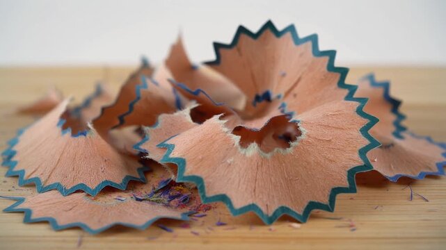 A close-up image of colorful pencil shavings arranged artistically on a wooden surface.