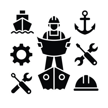 Nautical engineering and shipbuilding icons with a central shipbuilder