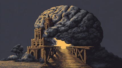 Mysterious Castle Tower Emerging from Dark Cloudscape:  Intricate Woodcut Style, Golden Hour Light