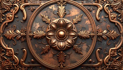 Ornate, tarnished copper floral medallion against dark, mottled metal. Elaborate scrolling filigree frames the central design