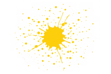 Yellow ink stain creating an abstract paint splatter and drip graphic element with a transparent background
