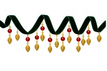 Green velvet garland with red beads and golden pinecones, christmas and holiday season decoration on transparent background