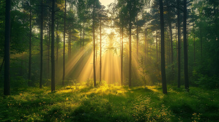 Obraz premium Misty Sunrise Forest with Morning Light Rays