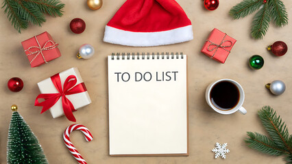 Christmas to do list notepad surrounded by festive decorations and gifts on a rustic background