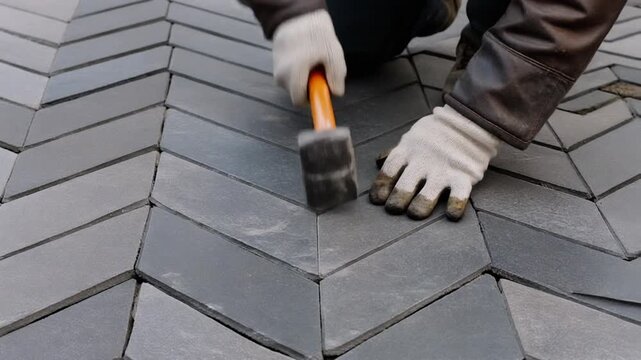 A worker carefully places durable slate tiles in a stylish herringbone pattern on a roof during construction.