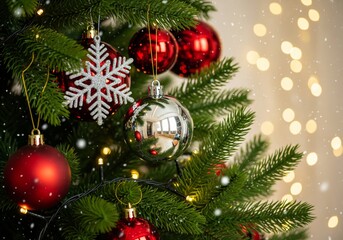 Frosted Christmas Tree Branch with Red Baubles and Glitter Snowflake Ornament