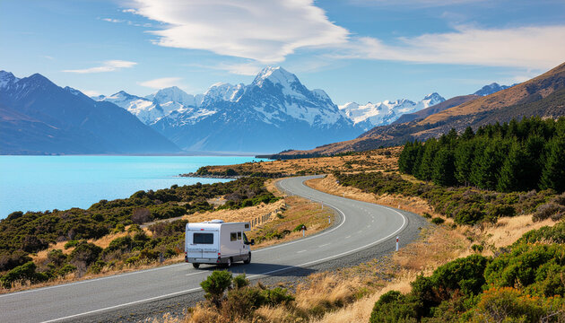 A camper van drives along a winding road beside a bright turquoise lake. Snow-capped mountains, including Mount Cook, dominate the background.