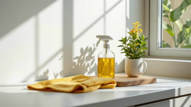 Cleaning spray bottle yellow cloth plant on windowsill in morning light with soft shadows fresh countertop sunlight wooden board atmosphere