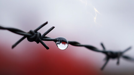 Barbed wire with a raindrop reflecting a vibrant landscape, nature's delicate contrast against human barriers in a close-up, artistic perspective.