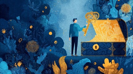 Mysterious Ornate Key Unlocks Glowing Treasure Chest; Blue, Gold, Fantasy Illustration