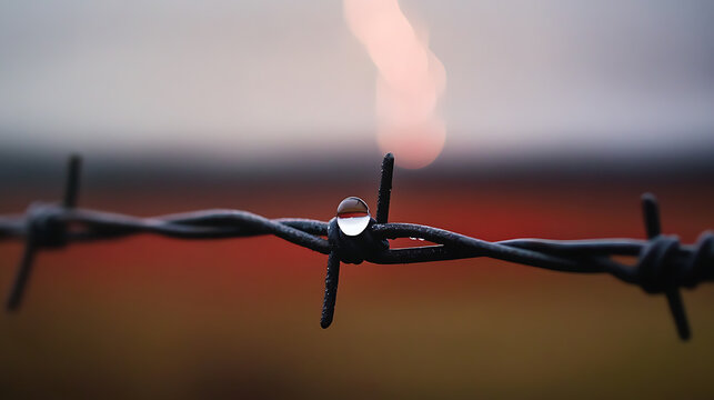 Macro image of a water droplet on a barbed wire fence, showcasing reflections. Soft light and bokeh in the background create a dreamy, abstract feel. Close-up details.