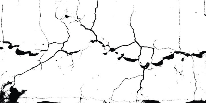Cracked wall texture grunge damage stain background. Black dirty old crack broken concrete wall. Vector group of black branch grunge cracks isolated on white background