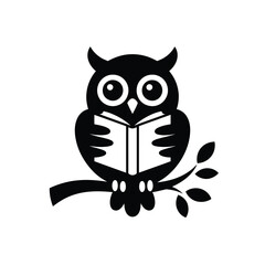 Whimsical black owl reading a book on a branch