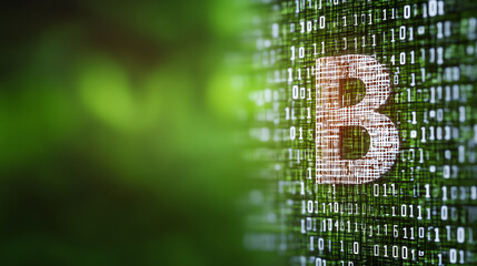 Digital binary code with letter B on a green background, representing programming and technology in modern computing.