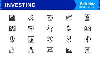 Investing line icon set with professional, modern, minimal designs featuring unique financial symbols, stock market elements, and clean vector style for premium digital projects