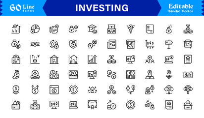 Investing line icon set with professional, modern, minimal designs featuring unique financial symbols, stock market elements, and clean vector style for premium digital projects