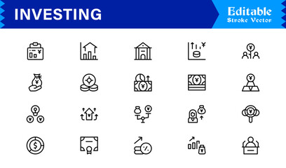 Investing line icon set with professional, modern, minimal designs featuring unique financial symbols, stock market elements, and clean vector style for premium digital projects