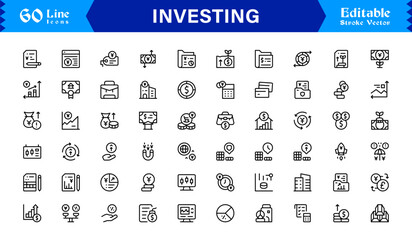 Investing line icon set with professional, modern, minimal designs featuring unique financial symbols, stock market elements, and clean vector style for premium digital projects