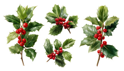Watercolor Holly Branch with Red Berries and Green Leaves, PNG with Transparent Background