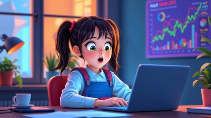Young student girl surprised at laptop study desk with chart and plants in colorful modern workspace focused cheerful evening scene - Powered by Adobe
