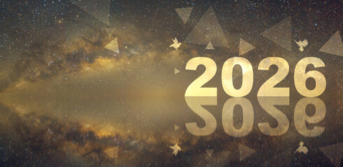 Panoramic horizontal design of Happy New Year 2026 with Firework and Milky way background.