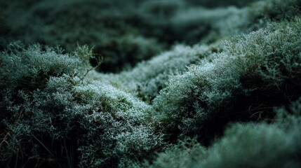 Moody Close-Up of Frosty Green Moss, Textured Nature Background, Ethereal Forest Floor