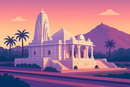 Illustration of a Hindu temple with classic Indian architecture and palm trees, inspired by Birla Mandir style. Perfect for travel designs, religious tourism, and Indian cultural heritage themes.