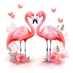 Naklejka premium Two pink flamingos forming a heart shape, surrounded by watercolor hearts and roses