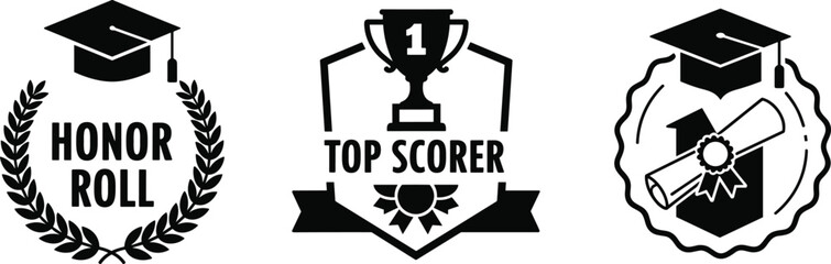 Academic achievement badge icons vector—honor roll, top scorer, and graduation shield for excellence and milestone-themed compositions