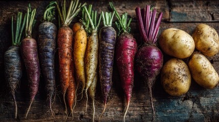 Freshly harvested root vegetables colorful carrots radishes parsley rustic kitchen concept