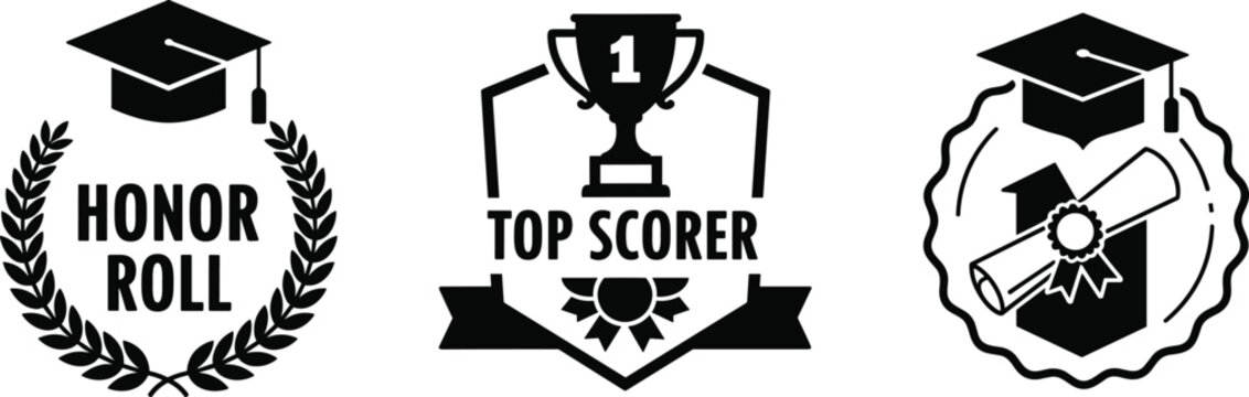 Academic achievement badge icons vector—honor roll, top scorer, and graduation shield for excellence and milestone-themed compositions - Powered by Adobe