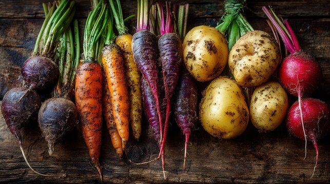 Freshly harvested root vegetables colorful carrots radishes parsley rustic kitchen concept