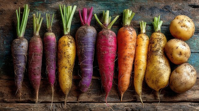 Freshly harvested root vegetables colorful carrots radishes parsley rustic kitchen concept - Powered by Adobe