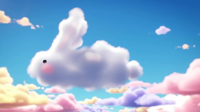 Cloud bunny floats in a whimsical sky, background of colorful fluffy clouds, ideal for children's designs