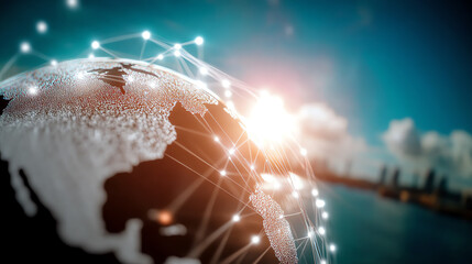 Digital globe connected by lines, representing global communication and networking against a vibrant blue background.