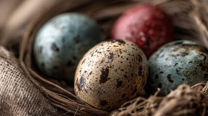 A close up view of speckled and colorful bird eggs in a nest with burlap background texture