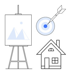 Easel with mountain artwork, target with dart at the bullseye, and house image. Ideal for creativity, goal setting, success, focus, home balance minimalism. Clean and simple flat metaphor