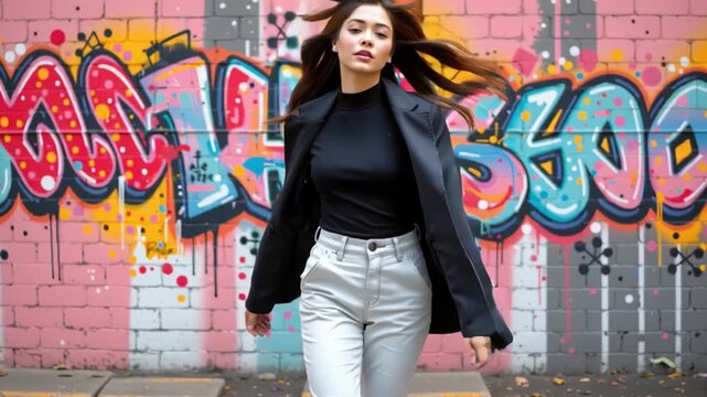 Young woman portrait graffiti wall jacket black top confident urban street fashion long hair casual hands in pockets colorful mural backdrop