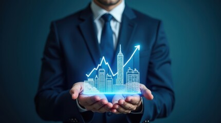 Businessman holding a glowing upward trending financial graph over city buildings