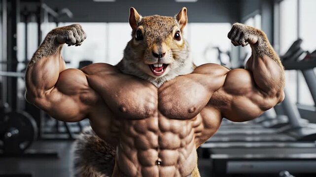 Extremely Muscular Squirrel Bodybuilder Flexing in the Gym.