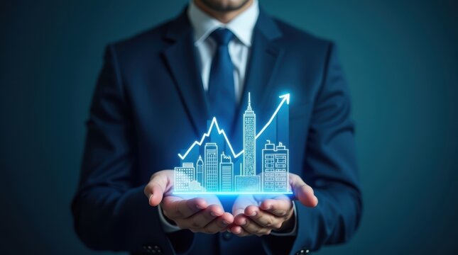 Businessman holding a glowing upward trending financial graph over city buildings